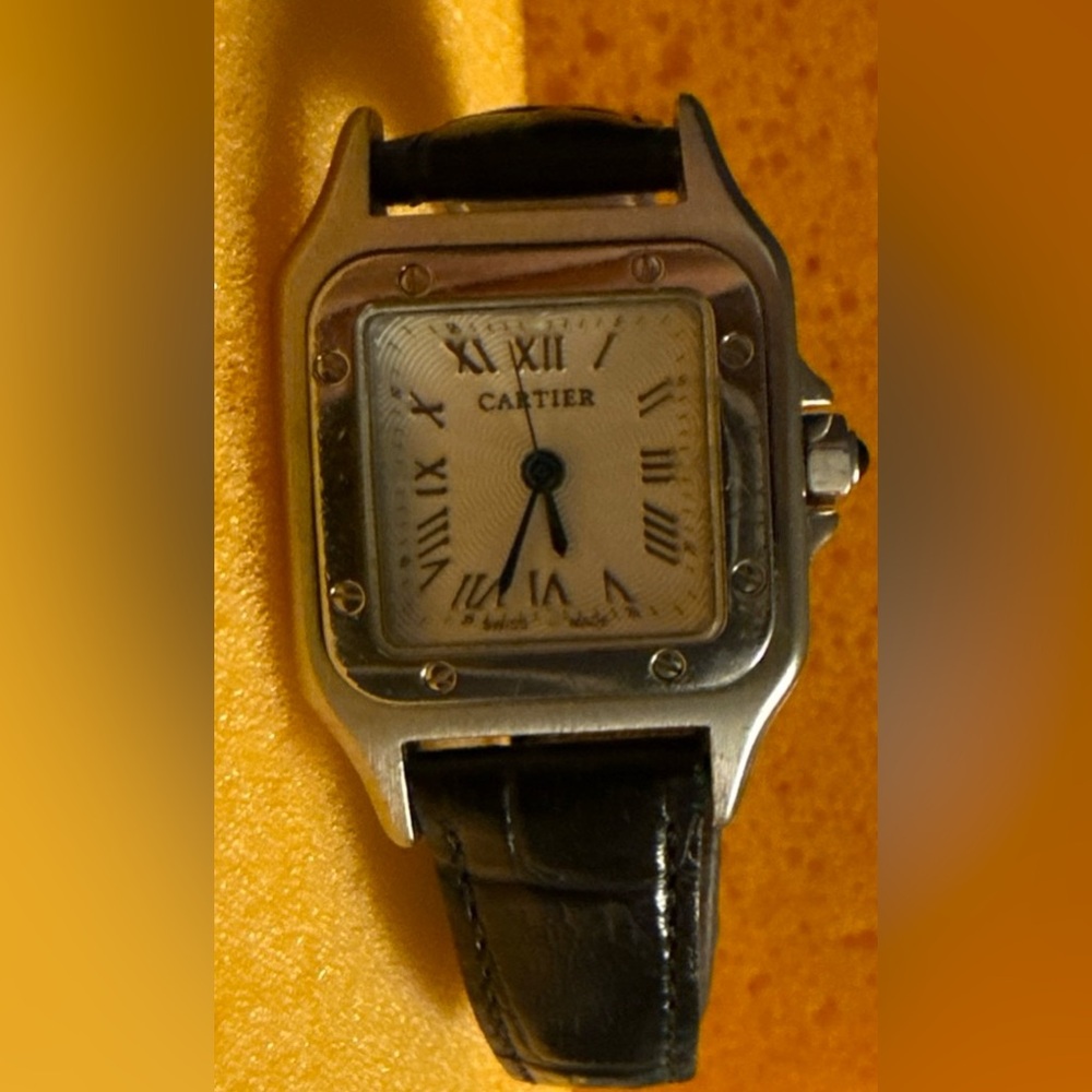 Cartier Silver and Black Leather Watch